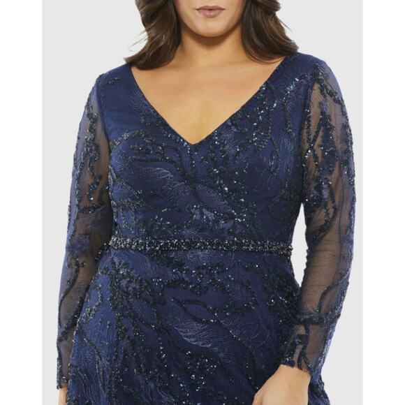 Mac Duggal Illusion Long Sleeve A-line Gown Blue maxi dress size 18 W UB - Picture 2 of 8